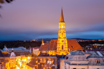 cityscape at night - top view of Saint Michael church Cluj-Napoca, Romania