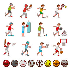 Fototapeta na wymiar bundle of athletes and sports equipment icons