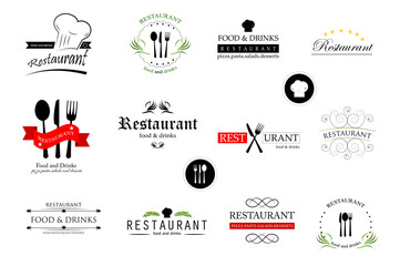 Food And Restaurant Logo Set - Isolated On White Background. Vector Illustration For Cook, Chef, Kitchen, Bar, Hat, Fork And Knife Logo. Restaurant And Food Logo For Bistro, Cook Elements And Labels