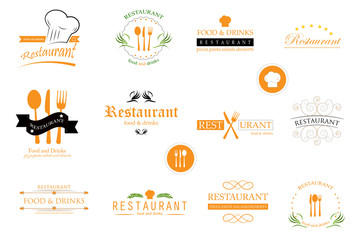 Food And Restaurant Logo Set - Isolated On White Background. Vector Illustration For Cook, Chef, Kitchen, Bar, Hat, Fork And Knife Logo. Restaurant And Food Logo For Bistro, Cook Elements And Labels