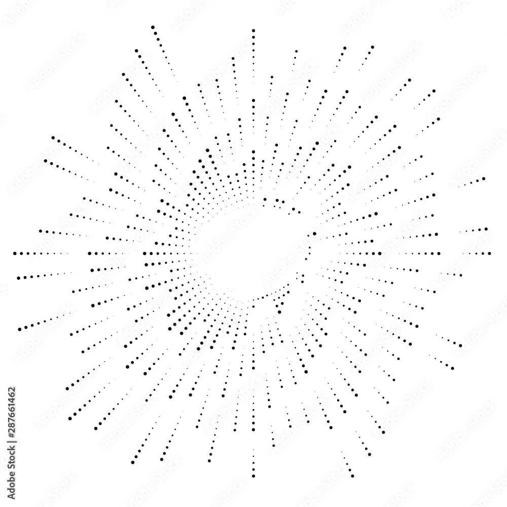Poster dots radial burst lines. irregular lines, half-tone beams, rays. radiating, converging trail lines. 