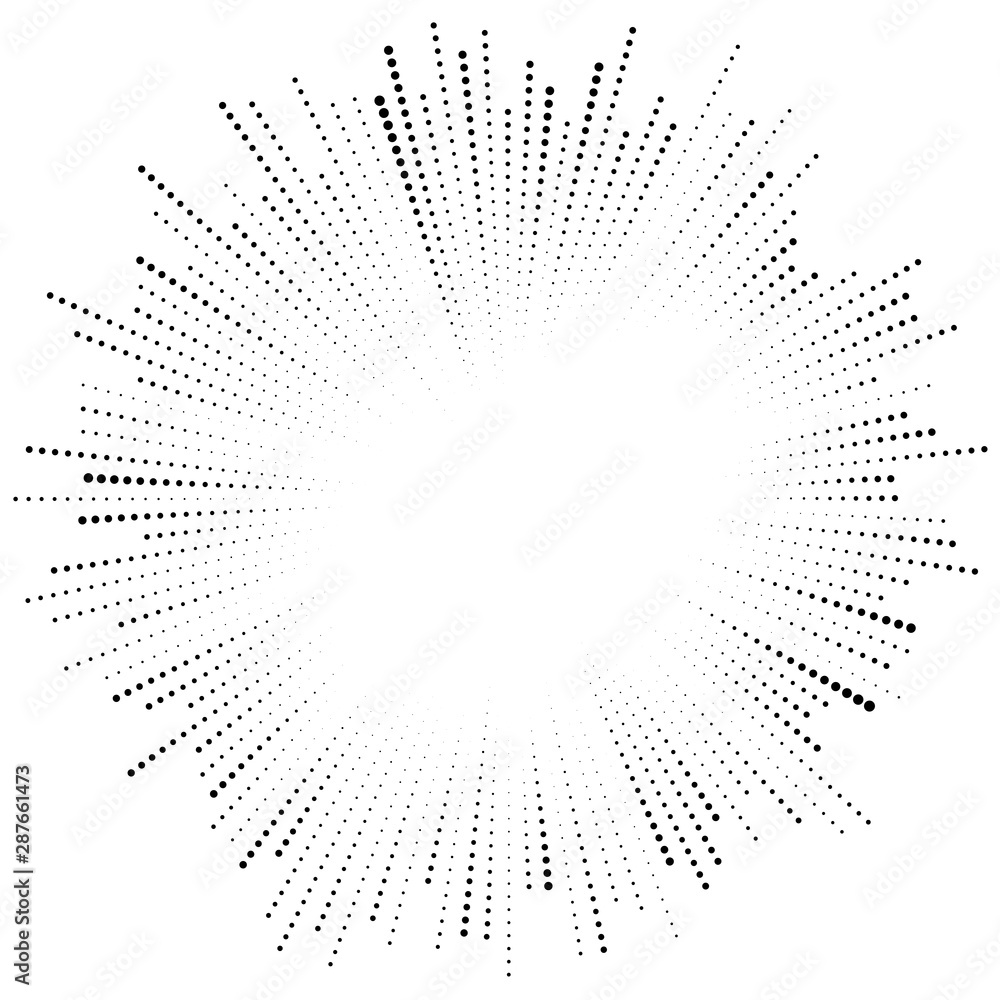 Poster dots radial burst lines. irregular lines, half-tone beams, rays. radiating, converging trail lines. 