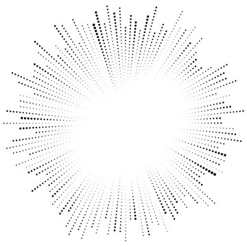 Dots Radial Burst Lines. Irregular Lines, Half-tone Beams, Rays. Radiating, Converging Trail Lines. Circular Array Of Dotted Lines