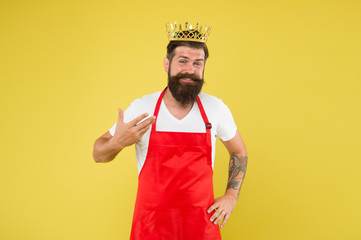 Royal recipe. Man king cook wear cooking apron and golden crown. Kitchen is my kingdom. Ideas and...
