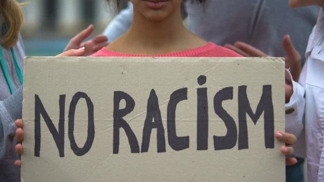 Mixed-race girl holds sign No racism, suffers crowd screaming racial insults
