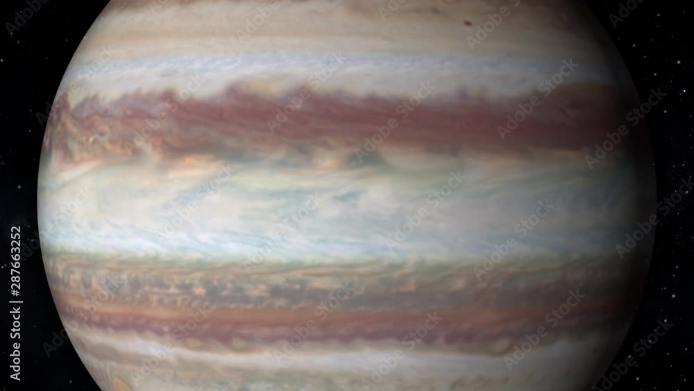 Wall mural jupiter planet surface rotating close up with milky way stars in background tracking down to up. con