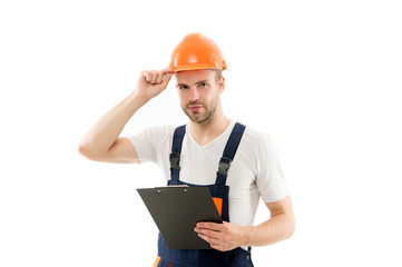 General plan. Repair service. Repair and renovation concept. Repair workshop. Handyman home repair. Repairing and renovating. Home improvement. Man in helmet laborer on white background