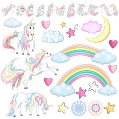 The cute magic Unicorn and fairy elements collection. Isolated