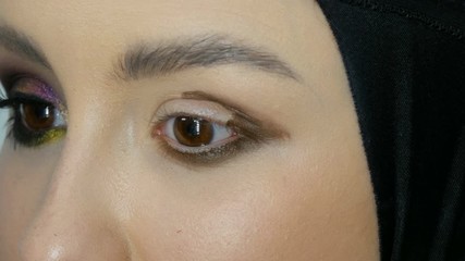 Professional stylist make-up artist makes eye makeup model. Face model with evening make-up close up view