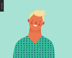 Bright people portrait - hand drawn flat style vector design concept illustration of young blond man, face and shoulders avatar. Flat style vector icon