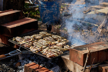 Ruddy chicken kebab is roasted on the grill