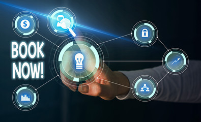 Handwriting text Book Now. Conceptual photo guaranteed to have place because you have already purchased it Woman wear formal work suit presenting presentation using smart device