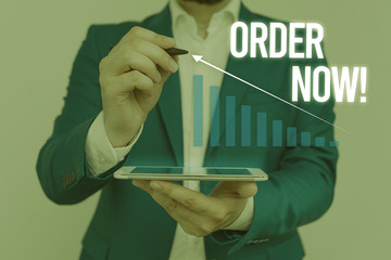 Conceptual hand writing showing Order Now. Concept meaning confirmed request by one party to...
