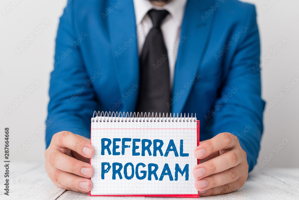 Poster word writing text referral program. business photo showcasing employees are rewarded for introducing