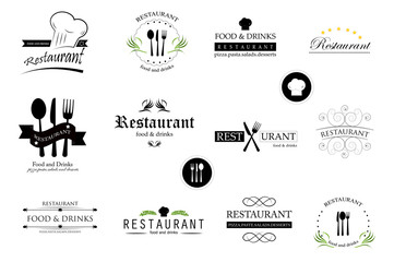 Food And Restaurant Logo Set - Isolated On White Background. Vector Illustration For Cook, Chef, Kitchen, Bar, Hat, Fork And Knife Logo. Restaurant And Food Logo For Bistro, Cook Elements And Labels - obrazy, fototapety, plakaty