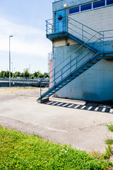 Steel staircase to surveillance building - vintage architecture of the hydroelectric power plant at Centrale Hydroelectrique de Gambsheim