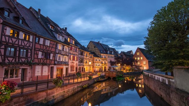 Colmar France time lapse 4K, Colorful Half Timber House city skyline day to night timelapse