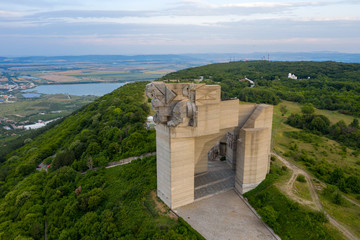 Fototapeta na wymiar Aerial view of Founds of the Bulgarian State monument in Shumen, Bulgaria. 