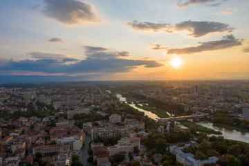 Aerial view of Plovdiv with hills and Maritsa river during sunset