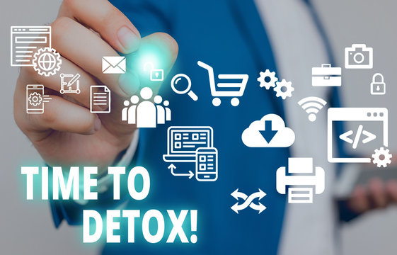 Text sign showing Time To Detox. Business photo text when you purify your body of toxins or stop consuming drug Male human wear formal work suit presenting presentation using smart device