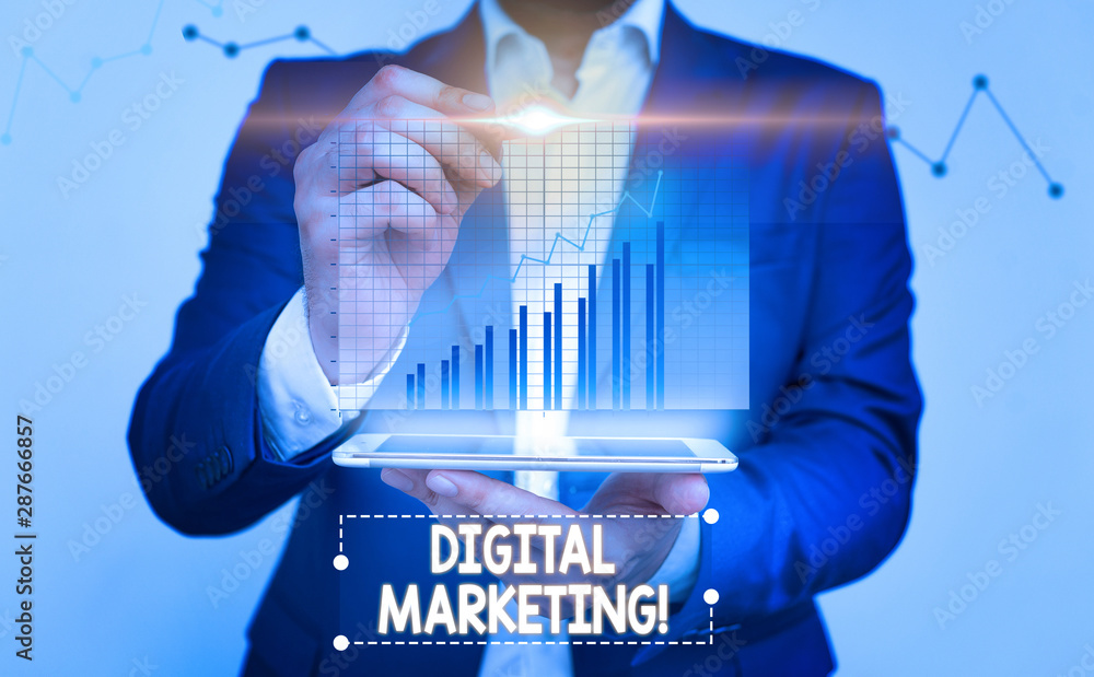 Aufkleber writing note showing digital marketing. business concept for market products or services using techn