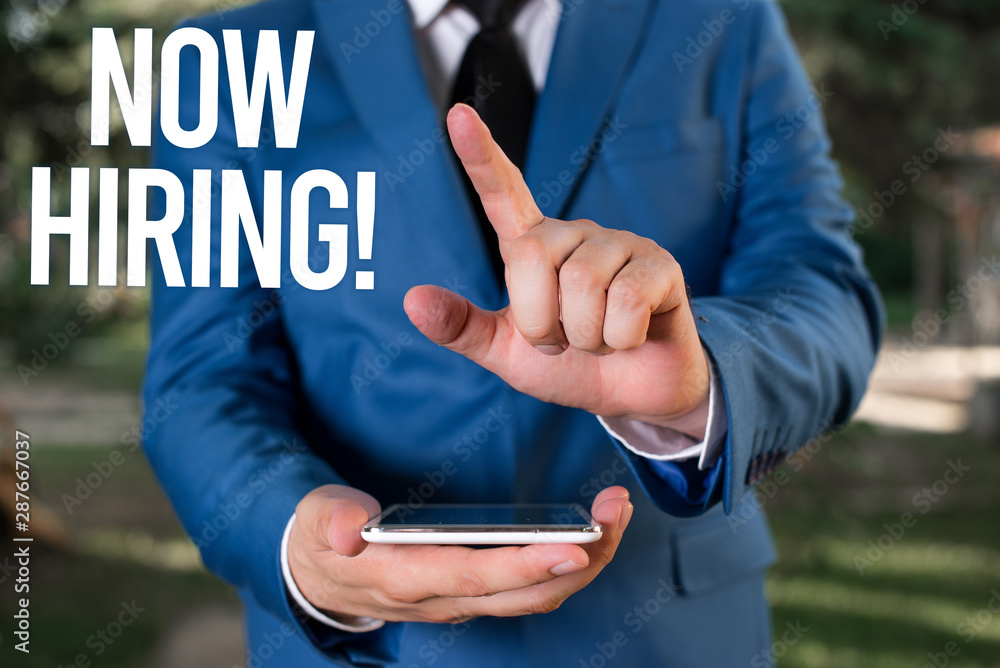 Poster text sign showing now hiring. business photo showcasing finding evaluating working relationship with