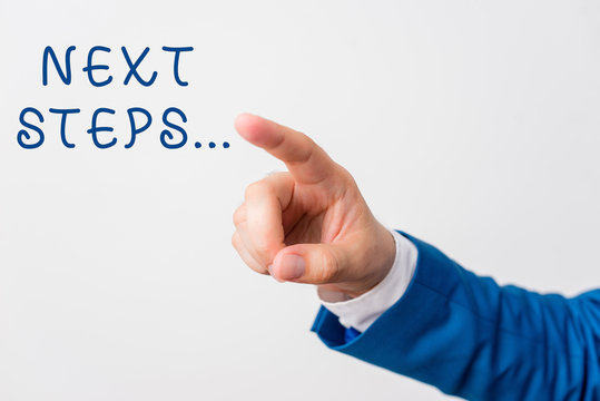 Word writing text Next Steps. Business photo showcasing something you do after you have finished doing first one Isolated hand pointing with finger. Business concept pointing finger