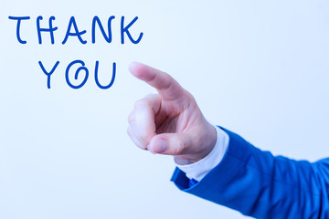 Word writing text Thank You. Business photo showcasing polite expression used when acknowledging gift service compliment Isolated hand pointing with finger. Business concept pointing finger