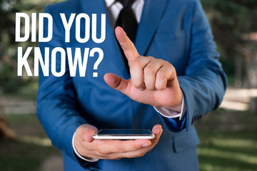 Text sign showing Did You Know Question. Business photo showcasing when you are asking someone if they know fact or event Man with opened hands stands in suite. Concept with copy space and man