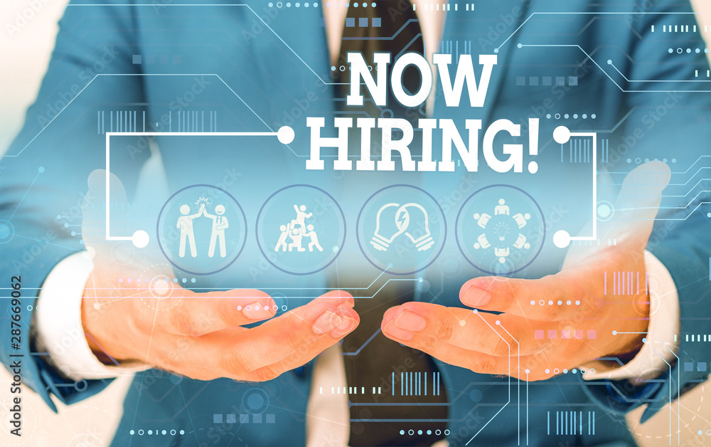 Poster conceptual hand writing showing now hiring. concept meaning finding evaluating working relationship 