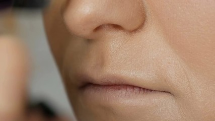 A professional artist makes make-up to a beautiful girl model, feathering powder, highlighter, foundation cream with a special brush for makeup