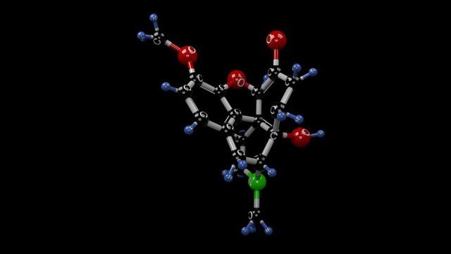 Oxycodone molecule. Molecular structure of opioid alkaloid known as oxycontin,  used for acute or chronic management of pain. Alpha channel.
