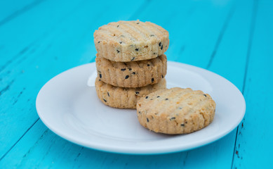 side view Diet rice cakes on blue table