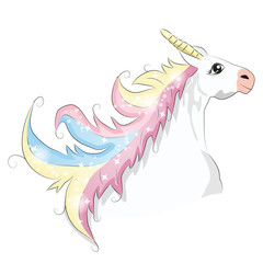 Cute unicorn face with horn and beauty rainbow hair. cartoon character illustration. Design for child card,t-shirt. magic concept. Isolated on white background.
