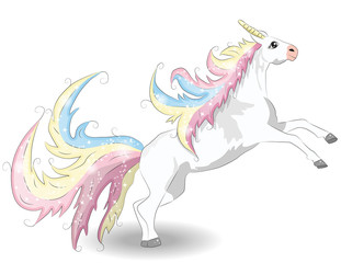 Naklejka na ściany i meble White Unicorn illustration for children design. Rainbow hair. Isolated. Cute fantasy animal.