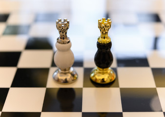 black and white Chess Kings stand on the board