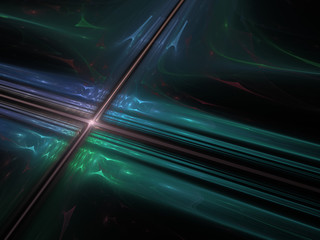 3d illustration - abstract background image, flat geometric plane with intersecting black lines, glowing green light, soft colorful glowing lines, intersecting paths, intersection of lines