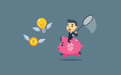 a businessman is chasing money and idea while riding a pig