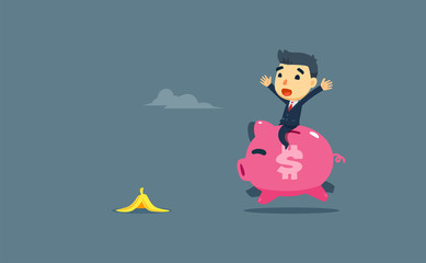 a businessman is riding a pig with banana peel in front of him.