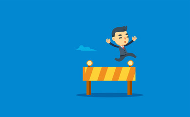 a businessman is jumping trough the obstacle