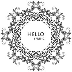 Handwritten calligraphic hello spring, elegant frame with ornate of leaf flower. Vector