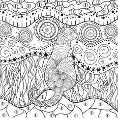 Ornate cat on pattern. Hand drawn abstract patterns on isolation background. Black and white illustration for anti stress colouring page