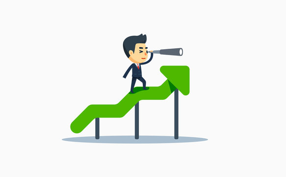 a businessman using binocular in rising graphic chart. vector illustration.