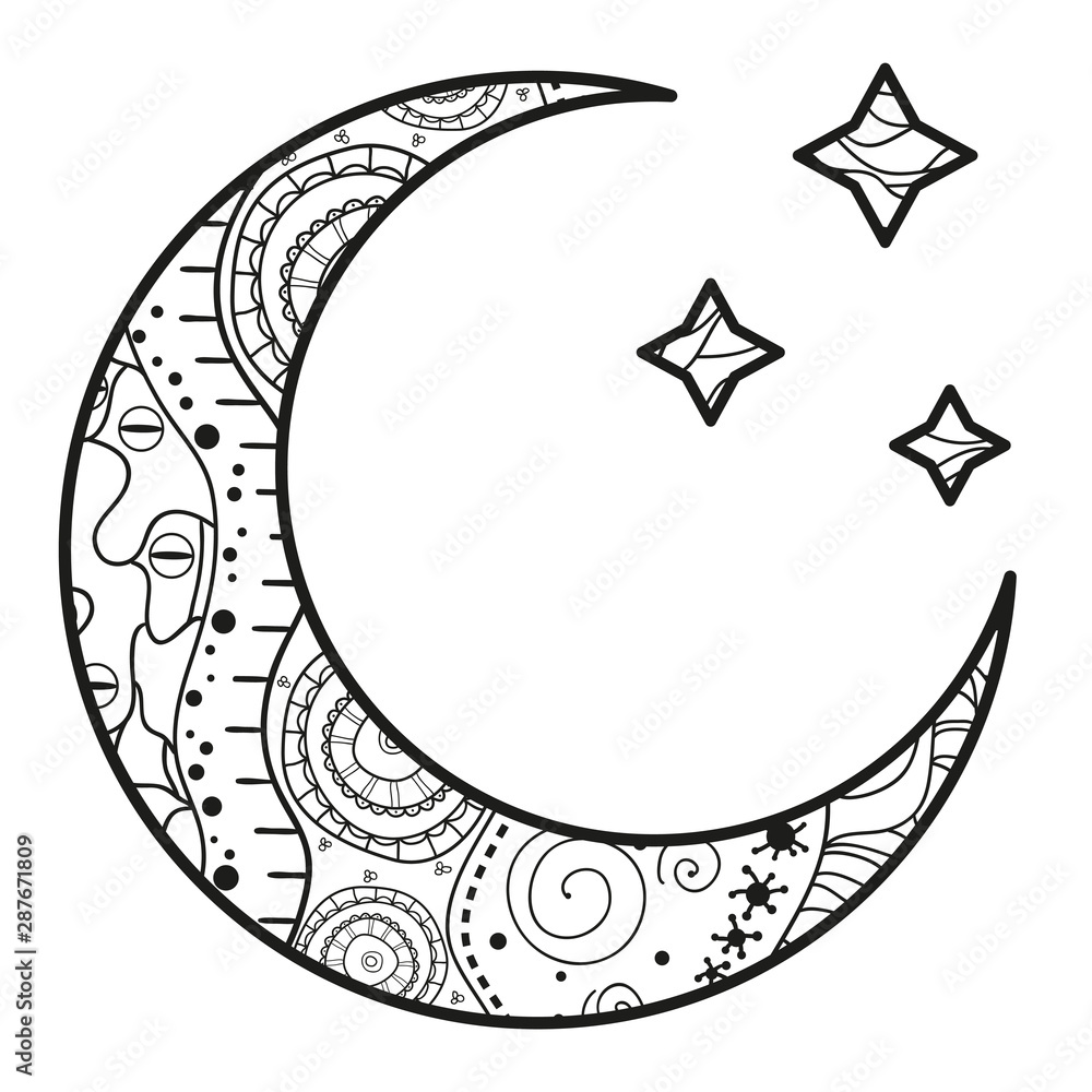 Wall mural crescent moon and stars with abstract patterns on isolation background. black and white illustration