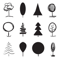 Abstract trees and christmas trees on white. Hand drawn decorative objects of nature for your design. Black and white illustration