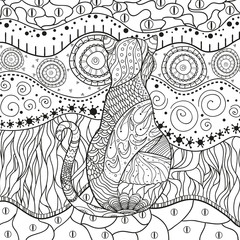 Cat on abstract pattern. Hand drawn abstract patterns on isolation background. Black and white illustration for colouring page