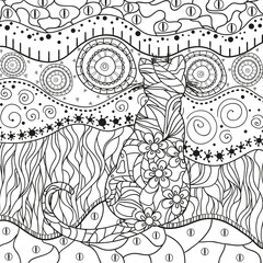 Ornate cat on pattern. Hand drawn abstract patterns on isolation background. Black and white illustration for anti stress colouring page