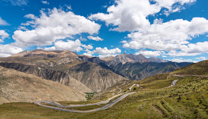 High angle view of zigzag road in Tibet plateau, part of 318 national road in China.