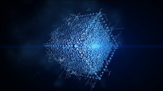4K cube in the Computing Core with Interchanging Information Streams.Block chain network concept,Distributed register technology,Various Clusters of Connections Loading,participant chain,ray light.