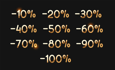 Discounts gold numbers. Elements design sale golden sign. Percentage 10%, 20, 30, 40, 50, 60, 70, 80, 90, 100. From ten to one hundred percent discount